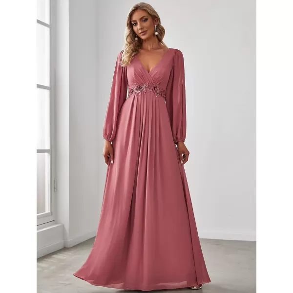 imageEverPretty Womens V Neck Long Sleeves Floor Length Ruched Chiffon Formal Dress 00461Cameo Brown