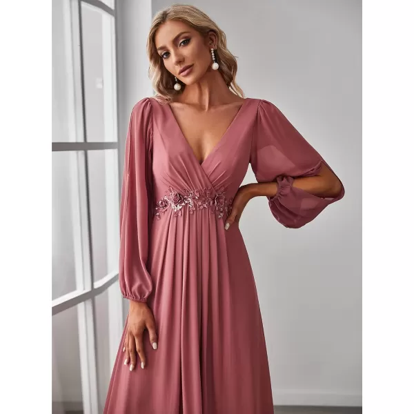 imageEverPretty Womens V Neck Long Sleeves Floor Length Ruched Chiffon Formal Dress 00461Cameo Brown