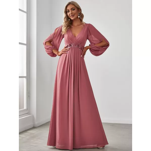 imageEverPretty Womens V Neck Long Sleeves Floor Length Ruched Chiffon Formal Dress 00461Cameo Brown