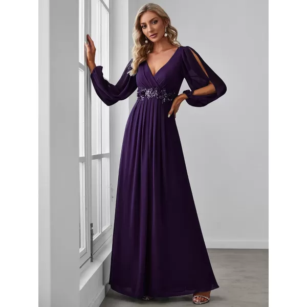 imageEverPretty Womens V Neck Long Sleeves Floor Length Ruched Chiffon Formal Dress 00461Deep Purple