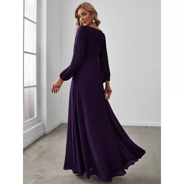 imageEverPretty Womens V Neck Long Sleeves Floor Length Ruched Chiffon Formal Dress 00461Deep Purple