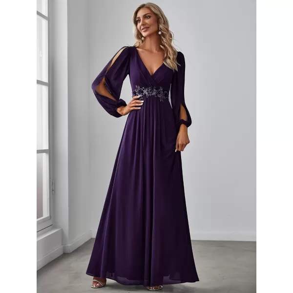 imageEverPretty Womens V Neck Long Sleeves Floor Length Ruched Chiffon Formal Dress 00461Deep Purple