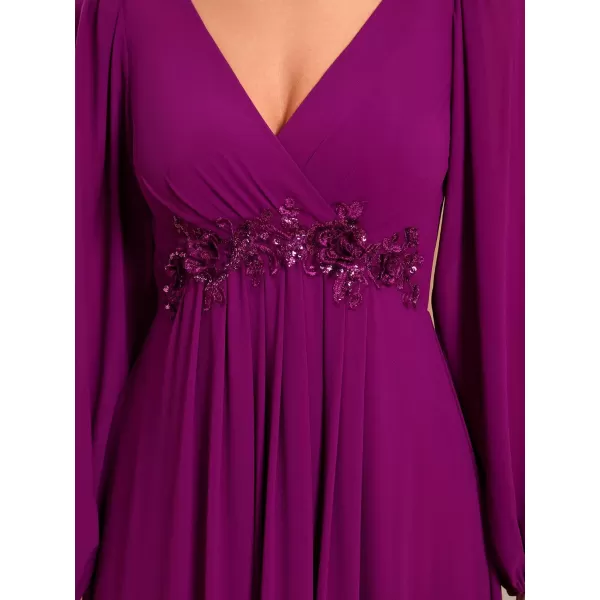 imageEverPretty Womens V Neck Long Sleeves Floor Length Ruched Chiffon Formal Dress 00461Fuchsia