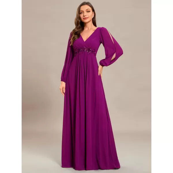 imageEverPretty Womens V Neck Long Sleeves Floor Length Ruched Chiffon Formal Dress 00461Fuchsia