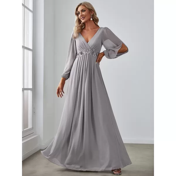 imageEverPretty Womens V Neck Long Sleeves Floor Length Ruched Chiffon Formal Dress 00461Gray