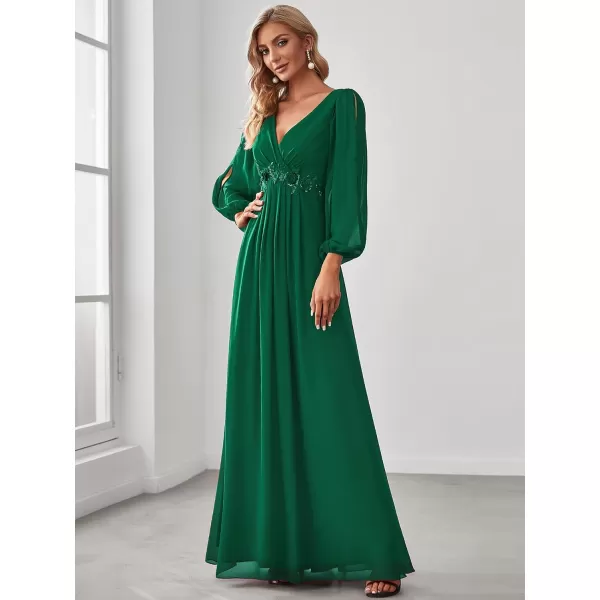 imageEverPretty Womens V Neck Long Sleeves Floor Length Ruched Chiffon Formal Dress 00461Green