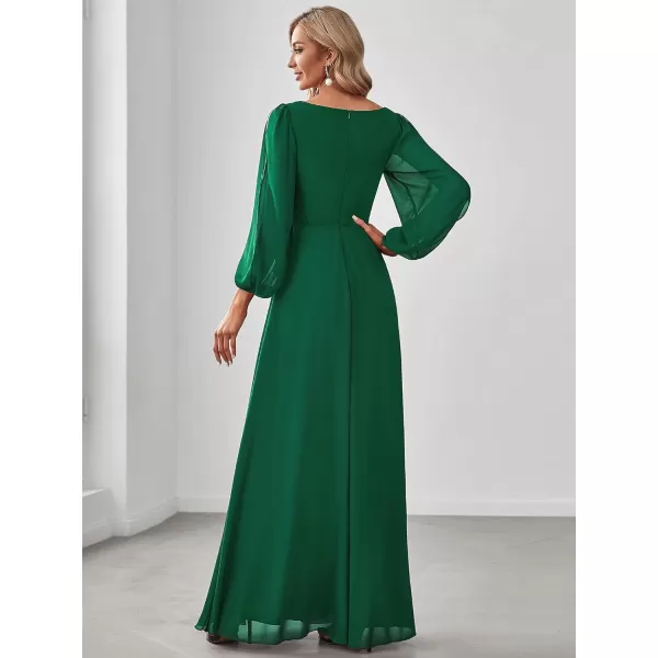 imageEverPretty Womens V Neck Long Sleeves Floor Length Ruched Chiffon Formal Dress 00461Green