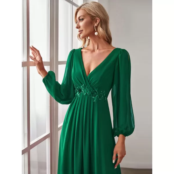 imageEverPretty Womens V Neck Long Sleeves Floor Length Ruched Chiffon Formal Dress 00461Green