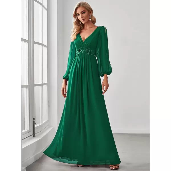 imageEverPretty Womens V Neck Long Sleeves Floor Length Ruched Chiffon Formal Dress 00461Green