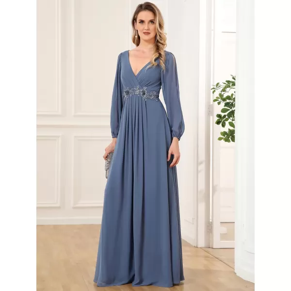 imageEverPretty Womens V Neck Long Sleeves Floor Length Ruched Chiffon Formal Dress 00461Haze Blue