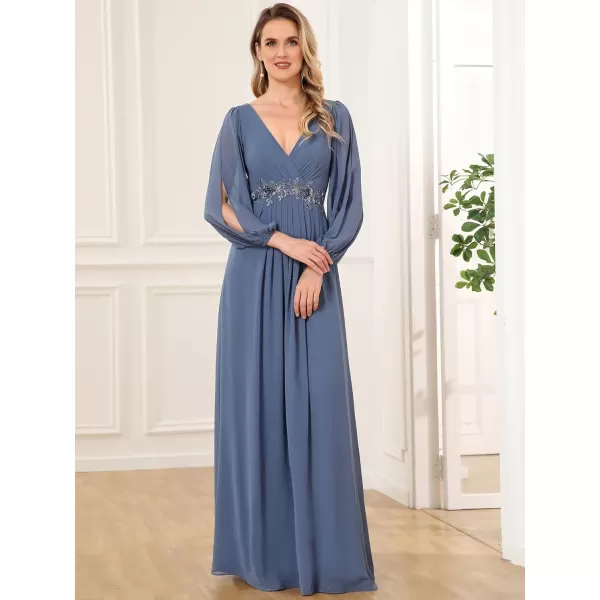 imageEverPretty Womens V Neck Long Sleeves Floor Length Ruched Chiffon Formal Dress 00461Haze Blue