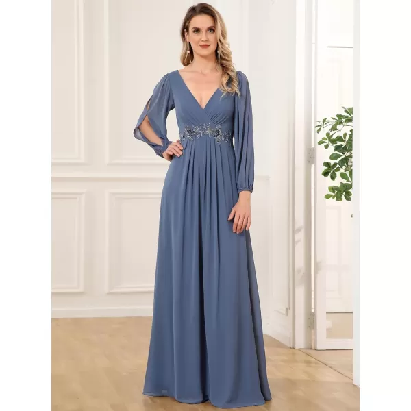 imageEverPretty Womens V Neck Long Sleeves Floor Length Ruched Chiffon Formal Dress 00461Haze Blue