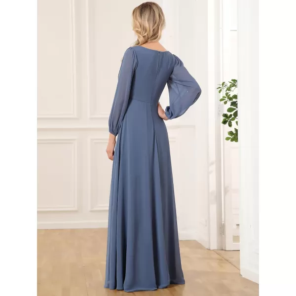 imageEverPretty Womens V Neck Long Sleeves Floor Length Ruched Chiffon Formal Dress 00461Haze Blue