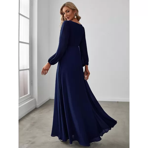 imageEverPretty Womens V Neck Long Sleeves Floor Length Ruched Chiffon Formal Dress 00461Navy Blue