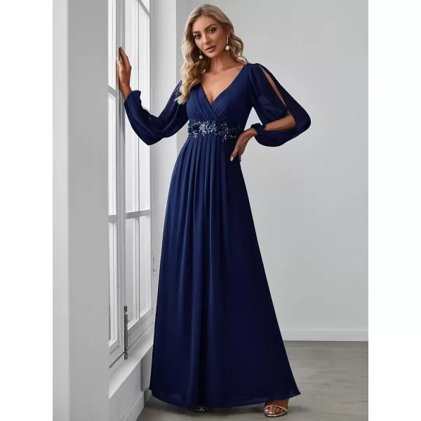 imageEverPretty Womens V Neck Long Sleeves Floor Length Ruched Chiffon Formal Dress 00461Navy Blue