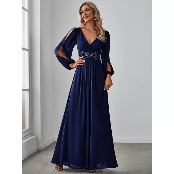 imageEverPretty Womens V Neck Long Sleeves Floor Length Ruched Chiffon Formal Dress 00461Navy Blue