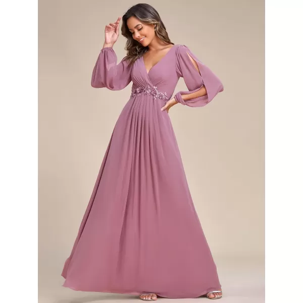 imageEverPretty Womens V Neck Long Sleeves Floor Length Ruched Chiffon Formal Dress 00461Orchid