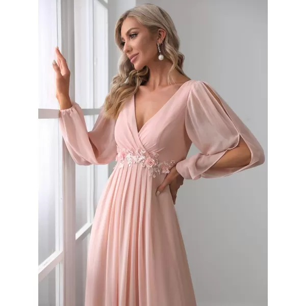 imageEverPretty Womens V Neck Long Sleeves Floor Length Ruched Chiffon Formal Dress 00461Pink