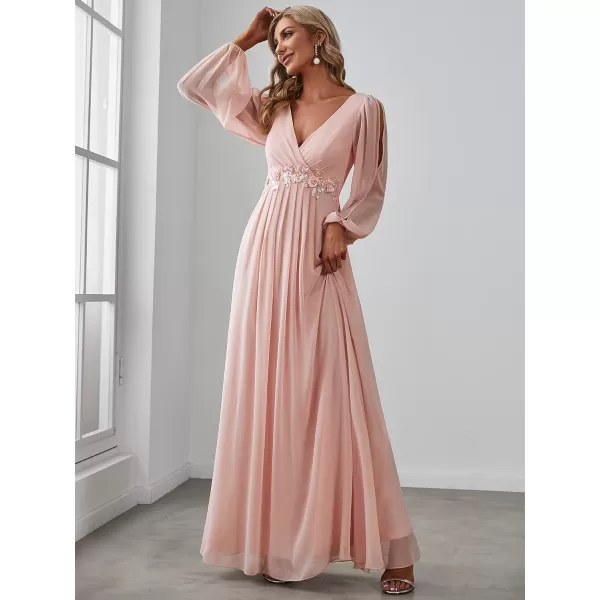 imageEverPretty Womens V Neck Long Sleeves Floor Length Ruched Chiffon Formal Dress 00461Pink