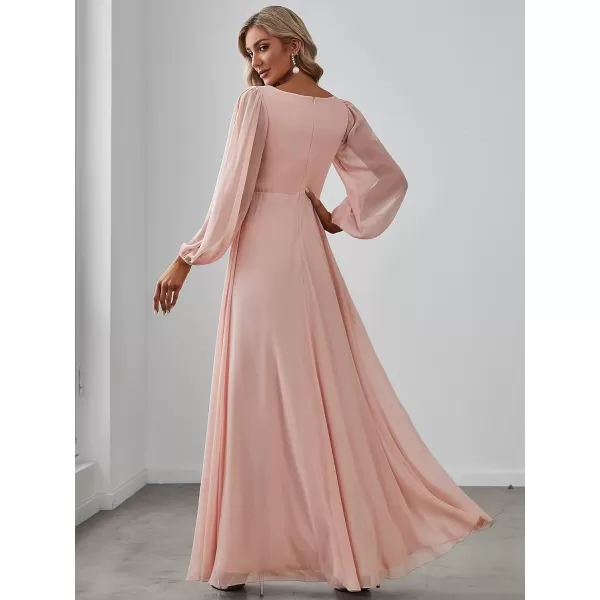 imageEverPretty Womens V Neck Long Sleeves Floor Length Ruched Chiffon Formal Dress 00461Pink