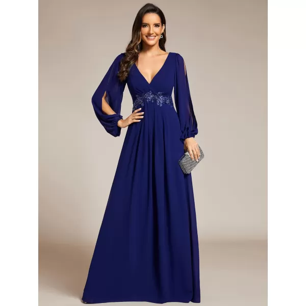 imageEverPretty Womens V Neck Long Sleeves Floor Length Ruched Chiffon Formal Dress 00461Royal Blue