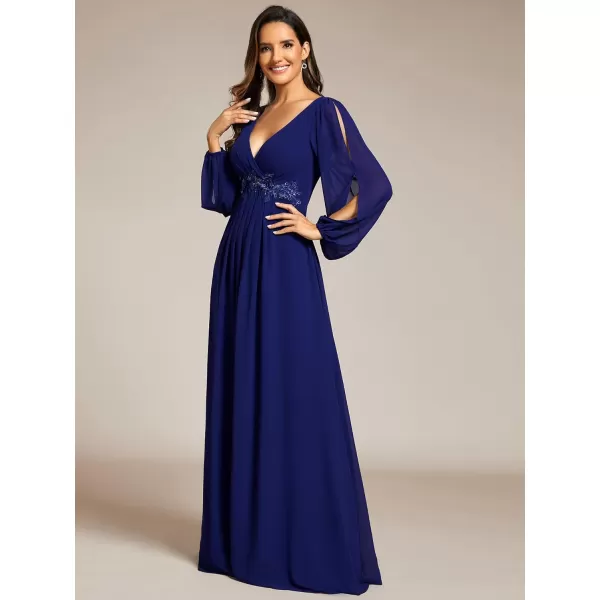 imageEverPretty Womens V Neck Long Sleeves Floor Length Ruched Chiffon Formal Dress 00461Royal Blue