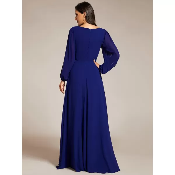 imageEverPretty Womens V Neck Long Sleeves Floor Length Ruched Chiffon Formal Dress 00461Royal Blue