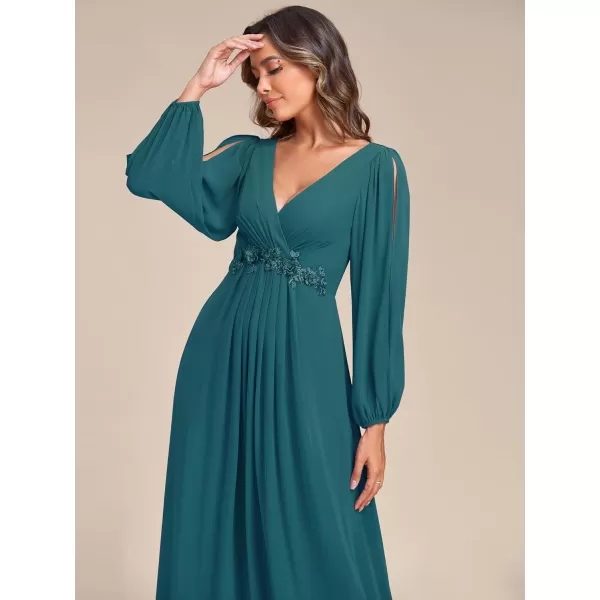 imageEverPretty Womens V Neck Long Sleeves Floor Length Ruched Chiffon Formal Dress 00461Teal