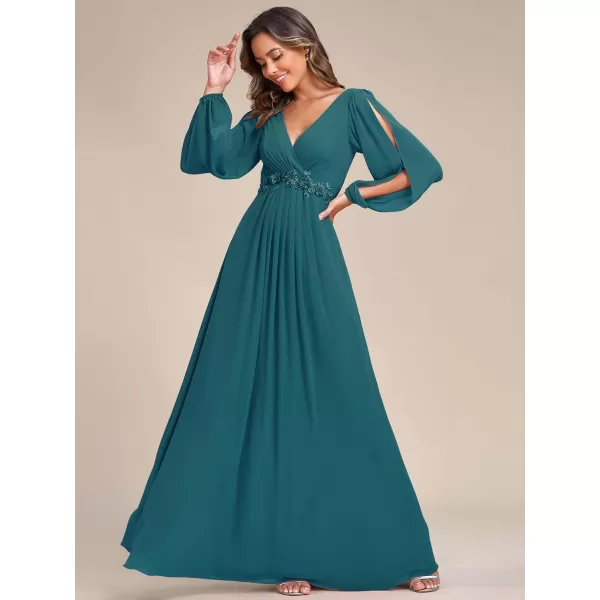 imageEverPretty Womens V Neck Long Sleeves Floor Length Ruched Chiffon Formal Dress 00461Teal