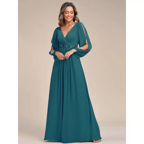 imageEverPretty Womens V Neck Long Sleeves Floor Length Ruched Chiffon Formal Dress 00461Teal