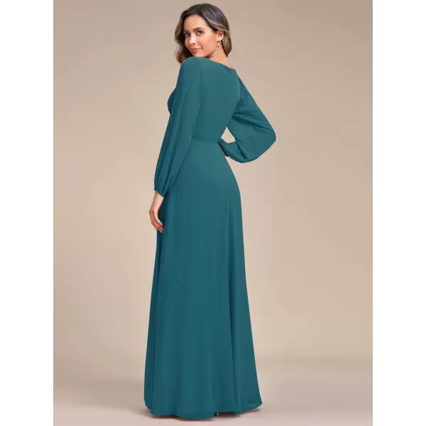 imageEverPretty Womens V Neck Long Sleeves Floor Length Ruched Chiffon Formal Dress 00461Teal