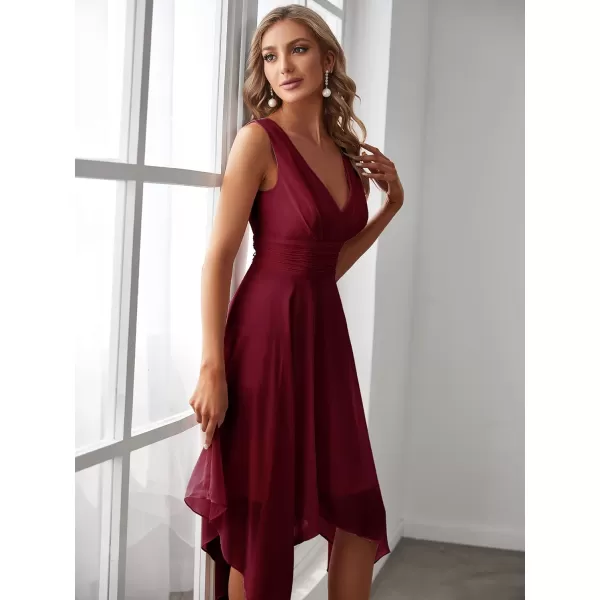 imageEverPretty Womens V Neck Pleated Waist Sleeveless Wedding Guest Dress Chiffon Irregular Hem Cocktail Dresses 03142Burgundy