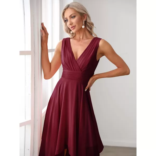 imageEverPretty Womens V Neck Pleated Waist Sleeveless Wedding Guest Dress Chiffon Irregular Hem Cocktail Dresses 03142Burgundy