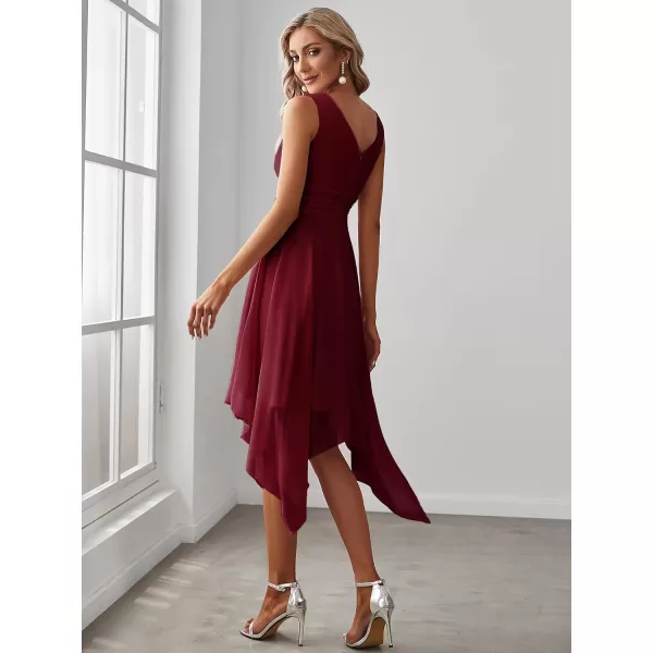 imageEverPretty Womens V Neck Pleated Waist Sleeveless Wedding Guest Dress Chiffon Irregular Hem Cocktail Dresses 03142Burgundy