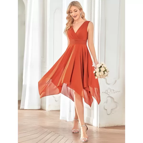 imageEverPretty Womens V Neck Pleated Waist Sleeveless Wedding Guest Dress Chiffon Irregular Hem Cocktail Dresses 03142Burnt Orange