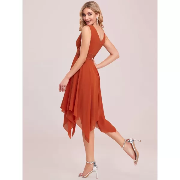 imageEverPretty Womens V Neck Pleated Waist Sleeveless Wedding Guest Dress Chiffon Irregular Hem Cocktail Dresses 03142Burnt Orange