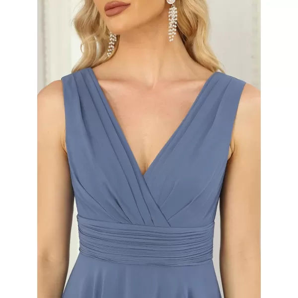 imageEverPretty Womens V Neck Pleated Waist Sleeveless Wedding Guest Dress Chiffon Irregular Hem Cocktail Dresses 03142Haze Blue