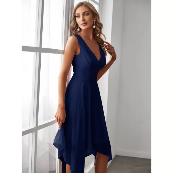 imageEverPretty Womens V Neck Pleated Waist Sleeveless Wedding Guest Dress Chiffon Irregular Hem Cocktail Dresses 03142Navy Blue