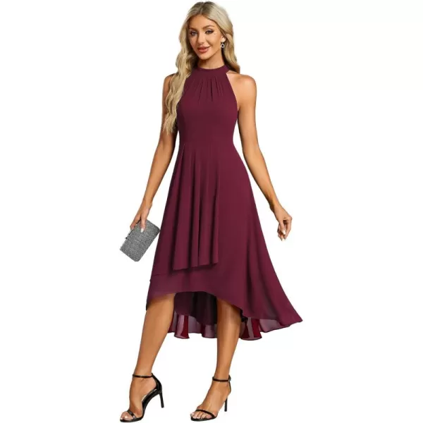 imageEverPretty Womens 2024 Summer Dress Sleeveless Halter Neck Pletaed High Low Chiffon Formal Dress for Evening Party 31926Burgundy