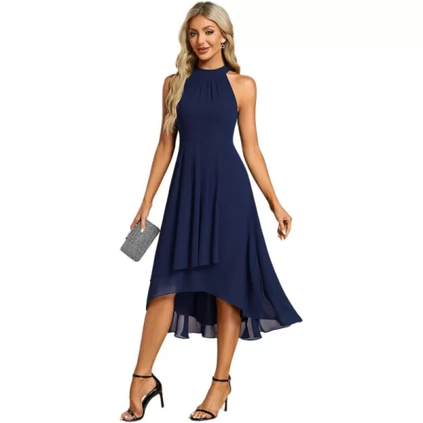 imageEverPretty Womens 2024 Summer Dress Sleeveless Halter Neck Pletaed High Low Chiffon Formal Dress for Evening Party 31926Navy Blue