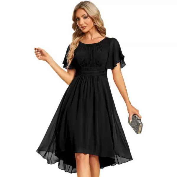 imageEverPretty Womens Crew Neck Pleated Waist Short Sleeve Wedding Guest Dress Chiffon Bridesmaid Dresses 02053Black