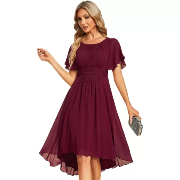 imageEverPretty Womens Crew Neck Pleated Waist Short Sleeve Wedding Guest Dress Chiffon Bridesmaid Dresses 02053Burgundy