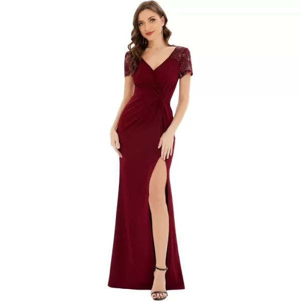 imageEverPretty Womens Deep VNeck Applique Ruffle Sleeves Side Slit Pleated Long Formal Dresses 01669Burgundy