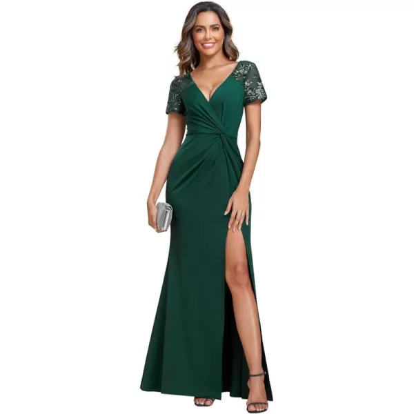 imageEverPretty Womens Deep VNeck Applique Ruffle Sleeves Side Slit Pleated Long Formal Dresses 01669Dark Green