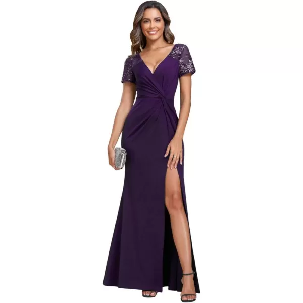 imageEverPretty Womens Deep VNeck Applique Ruffle Sleeves Side Slit Pleated Long Formal Dresses 01669Deep Purple