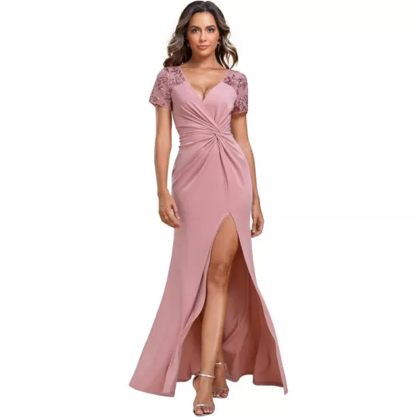 imageEverPretty Womens Deep VNeck Applique Ruffle Sleeves Side Slit Pleated Long Formal Dresses 01669Dusty Rose