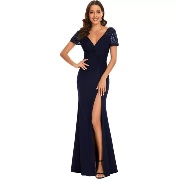 imageEverPretty Womens Deep VNeck Applique Ruffle Sleeves Side Slit Pleated Long Formal Dresses 01669Navy Blue