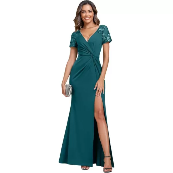 imageEverPretty Womens Deep VNeck Applique Ruffle Sleeves Side Slit Pleated Long Formal Dresses 01669Teal