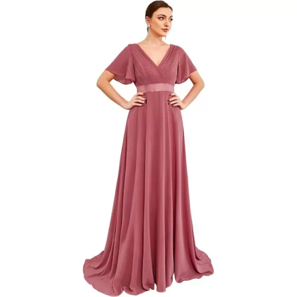 imageEverPretty Womens Formal Dress Short Sleeve VNeck Evening Dress Floor Length Mother of The Bride Dress 09890Cameo Brown