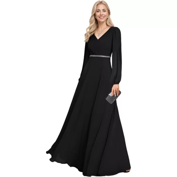 imageEverPretty Womens Formal Dresses Long Sleeve V Neck Empire Waist A Line Beading Maxi Wedding Guest Dress 01981Black